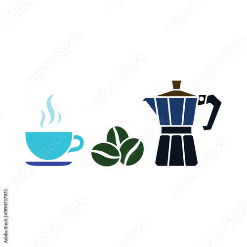 Colorful coffee brewing icons including teal cup with steam and green roasted beans and blue moka pot for kitchen decor graphics.