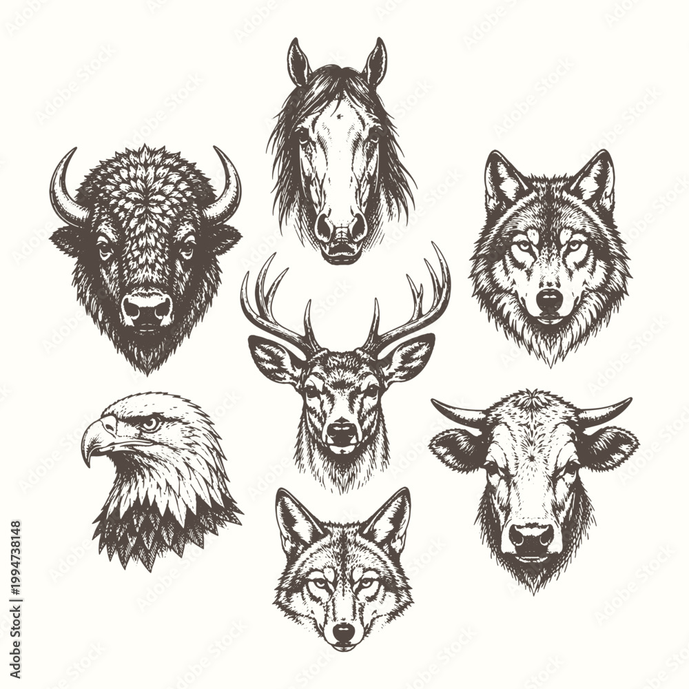 Fototapeta premium Detailed etching style vector illustration set of North American wildlife heads including buffalo, horse, wolf, deer, eagle, and coyote.