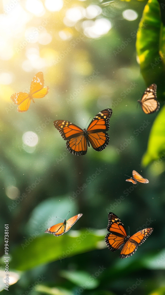 Fototapeta premium Multiple monarch butterflies with vibrant orange wings fluttering in dappled sunlight, creating a magical atmosphere in a lush green forest setting