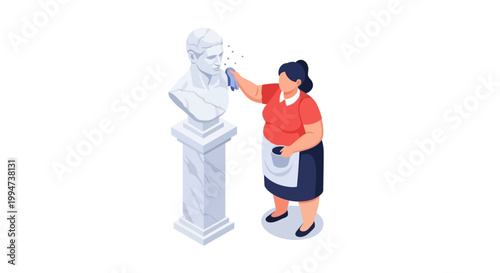 Woman Cleaning White Marble Bust Statue with Brush in Hand.