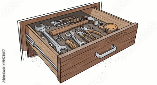 Open wooden drawer with assorted tools, including wrenches, pliers, and a tape measure, neatly organized