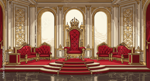Opulent throne room with plush red seating, gold accents, and regal thrones
