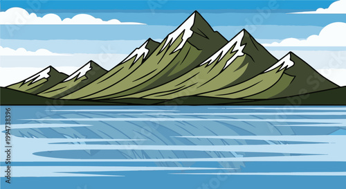 Majestic snow-capped mountains rise above a serene lake reflecting the cloudy sky