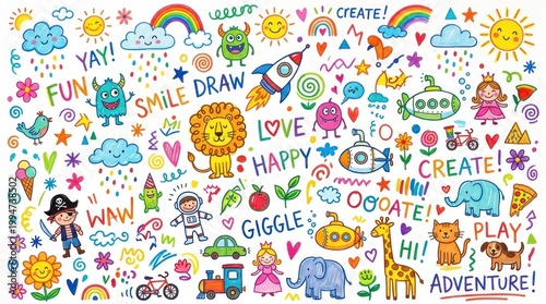 A colorful, whimsical doodle set with various animals, objects, and phrases.