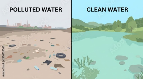 A polluted water body with industrial pollution and a clean water body with no pollution.