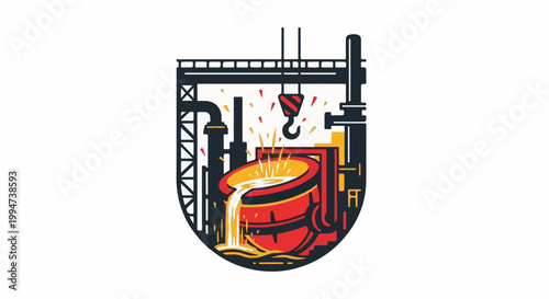 Industrial scene with molten metal being poured from a large cauldron under a crane