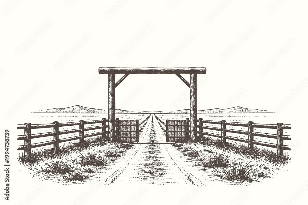 Naklejka premium Detailed etching style vector illustration of a wooden farm gate opening to a long road leading toward distant mountains in a vast ranch landscape.