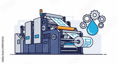 Industrial printing press with paper roll, gears, and ink droplet