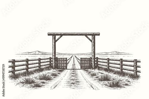 Detailed etching style vector illustration of a wooden farm gate opening to a long road leading toward distant mountains in a vast ranch landscape.