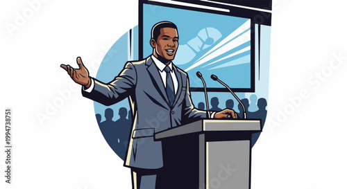 Orator in suit addresses audience from podium with microphones