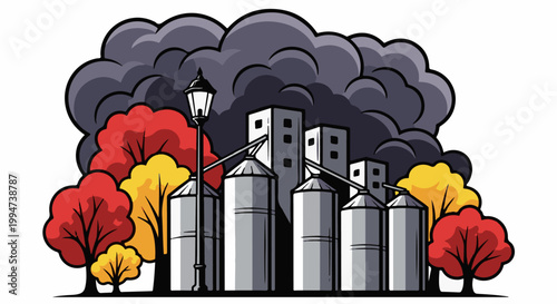 Industrial silos and buildings loom under dark clouds with colorful autumn trees