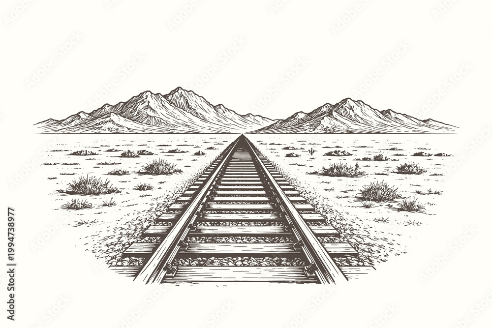 Obraz premium Classic woodcut vector illustration of a railway track perspective leading toward high mountain peaks in a vast and desolate desert environment.