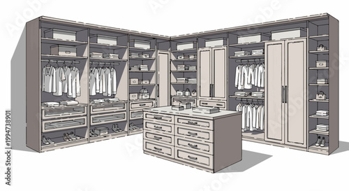 Organized walk-in closet with clothing, shoes, and storage island
