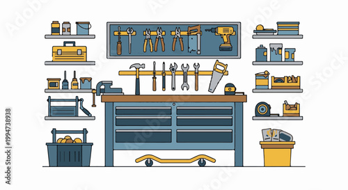 Organized workshop with tools, workbench, and storage shelves