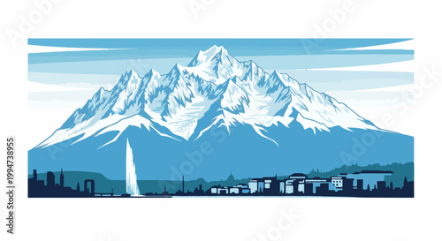 Majestic snow-capped peaks rise above a city skyline with a towering fountain
