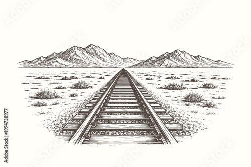 Classic woodcut vector illustration of a railway track perspective leading toward high mountain peaks in a vast and desolate desert environment.