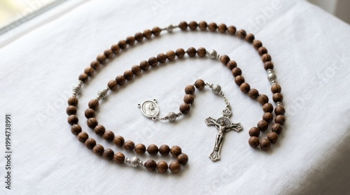 A wooden rosary with a crucifix and beads on a white cloth.