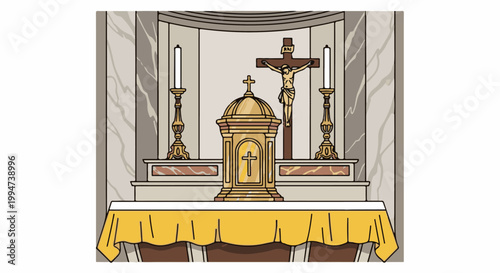 Ornate altar with crucifix, candles, and tabernacle, covered by a golden cloth