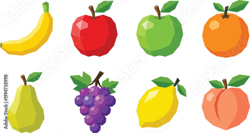 Colorful low poly fruit icons including a banana, various apples, an orange, a pear, grapes, and a lemon. 
