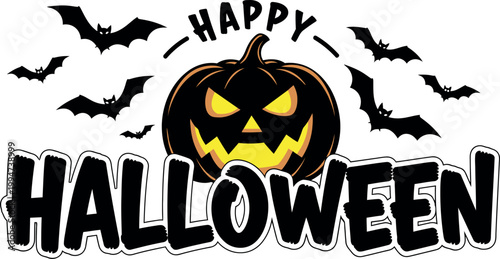 Happy halloween with pumpkin and bats