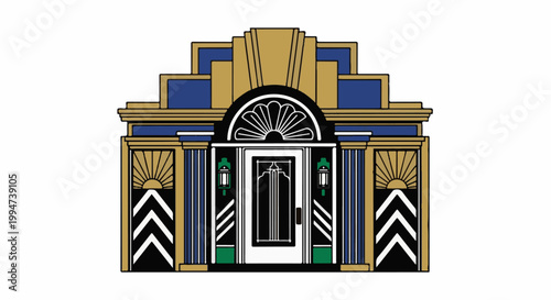 Ornate architectural facade with a central door, flanked by columns, decorative sunbursts, and chevron patterns