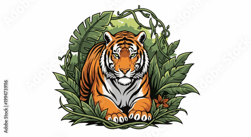 Majestic tiger with piercing green eyes rests amidst lush jungle foliage and winding vines