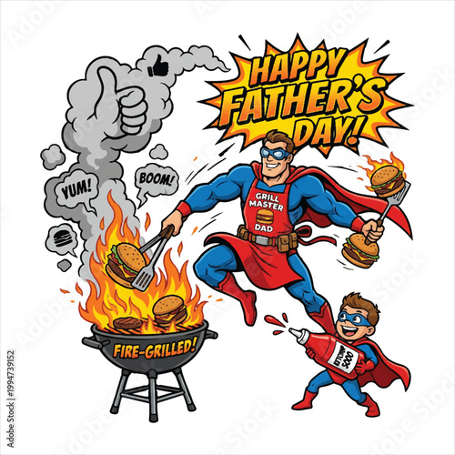 Happy father's day superhero dad grilling and celebrating with family