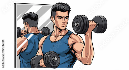 Muscular man in blue tank top lifts dumbbells in front of mirror, showing his reflection