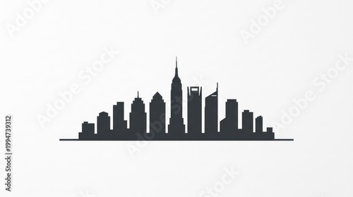 A black and white illustration of a city skyline with prominent skyscrapers against a white background.