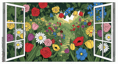 Open windows reveal a vibrant, sunlit garden path bursting with colorful flowers