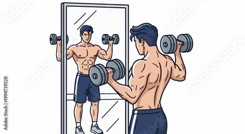 Muscular man lifting weights in front of a mirror