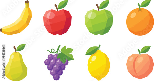 Colorful low poly fruit icons including a banana, various apples, an orange, a pear, grapes, and a lemon. 