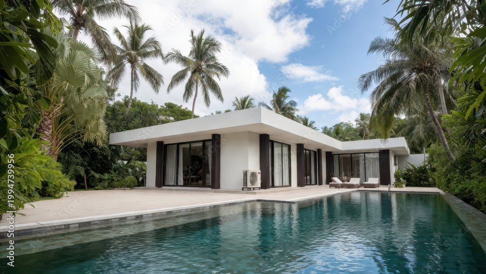 Fototapeta premium Modern tropical villa with infinity pool and palm trees under a blue sky