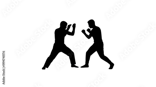 Two martial artists in a boxing stance, with one wearing a black outfit and the other in a white outfit, against a white background.
