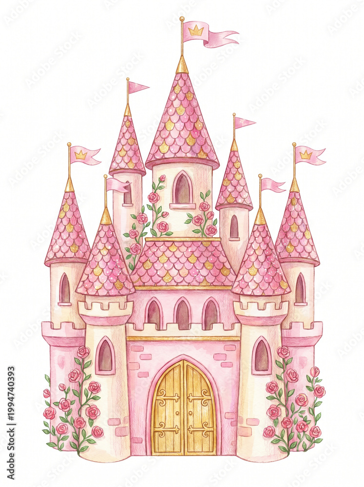 Naklejka premium Fairytale pink castle for the princess. Isolated on a white background. 