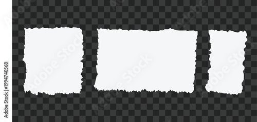 Three torn paper rectangles on a checkered transparent background edges texture pattern white tear. Resizable and editable, EPS 10.