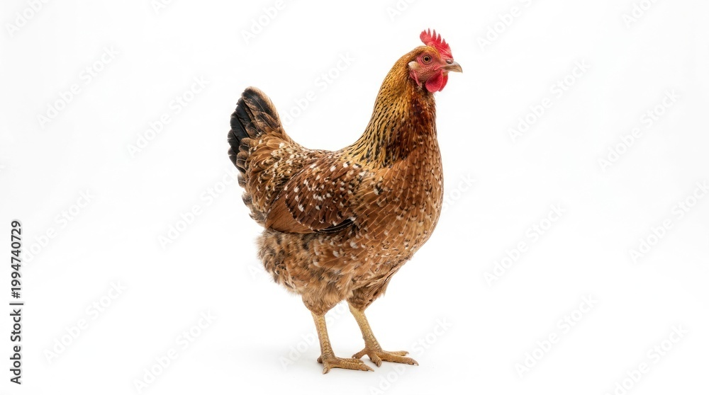 Fototapeta premium A brown chicken with a red comb and wattles standing on a white background.