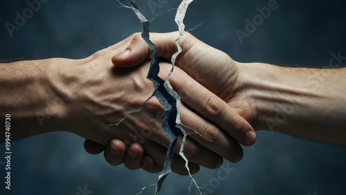 Broken handshake symbolizing the end of a partnership, trust, or agreement, with cracks.