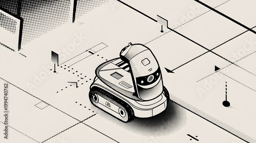Futuristic delivery robot navigating through a gridbased urban environment illustration