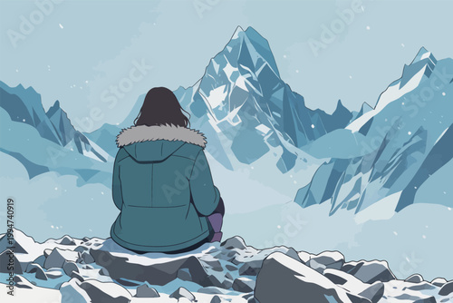 Woman Sitting and Admiring Snowy Mountain Landscape