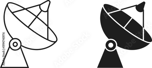 Black line and silhouette satellite dish icons for telecommunications parabolic antenna space technology broadcasting and global signal receiver graphic design elements