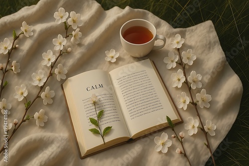Serene morning with a cup of tea and a calming read