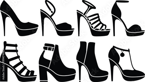 Collection of elegant high heel shoe silhouettes for fashion accessories and footwear retail store designs
