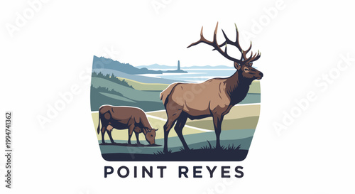 Majestic elk and cow graze in a scenic landscape with rolling hills and a distant lighthouse
