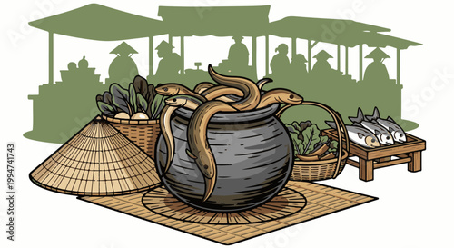 Live eels in a pot at a bustling outdoor market with fresh produce and fish for sale