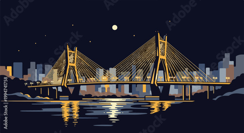 Lit suspension bridge at night, reflected in water, with city skyline backdrop