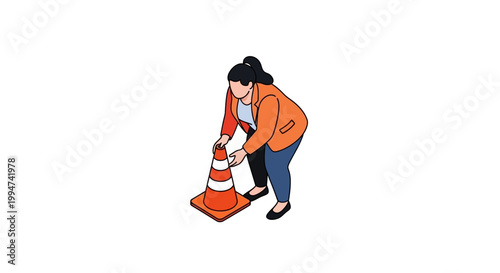 Woman placing a traffic cone for safety and road work.