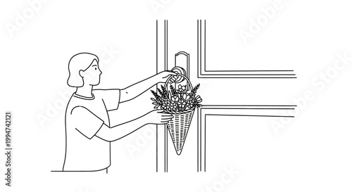 Woman Receiving a Bouquet of Flowers at the Door, Illustration.