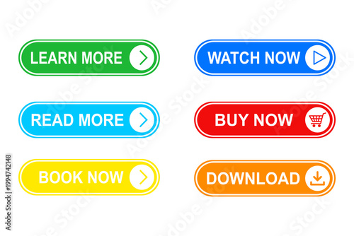 Set of modern action buttons for website, user and mobile app, interface. Element for design isolated on white background, for web and app. Flat vector illustration