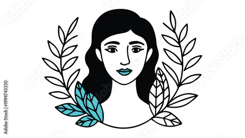 Stylized portrait of a woman with blue lips and botanical elements vector art